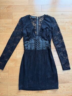 Bebe Black Lace Corset Waist Sheer Long-Sleeve Dress- sz 2